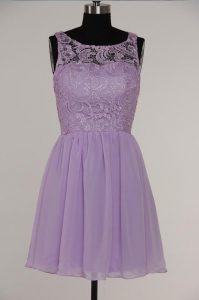 Lavender A-line Scoop Sleeveless Chiffon and Lace Knee Length Zipper Lace Prom Evening Gown