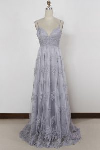 Attractive Grey Column/Sheath Spaghetti Straps Sleeveless Tulle With Train Sweep Train Backless Appliques Prom Dress