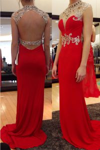 Colorful Red Sleeveless Chiffon Sweep Train Backless Celebrity Prom Dress for Prom