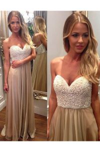 Champagne Column/Sheath Organza Sweetheart Sleeveless Beading and Ruching Floor Length Zipper Prom Evening Gown