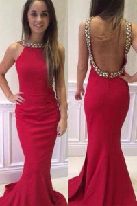 Mermaid Scoop Hot Pink Sleeveless Brush Train Beading With Train Evening Party Dresses