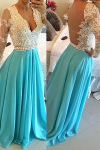 Spectacular Baby Blue A-line Chiffon V-neck Long Sleeves Lace Floor Length Backless