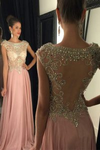 Scoop Pink A-line Beading and Sequins Prom Dress Zipper Chiffon Sleeveless Floor Length
