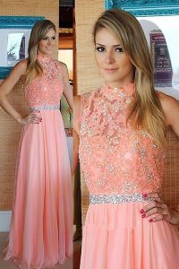 Custom Design Chiffon High-neck Sleeveless Zipper Beading and Lace Prom Dress in Pink