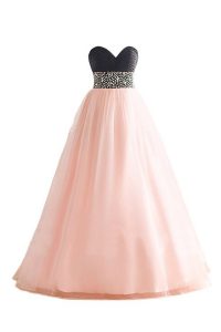 Floor Length Pink And Black Dress for Prom Organza Sleeveless Beading