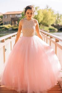 Pink Tulle Zipper Scoop Sleeveless Floor Length Prom Gown Beading