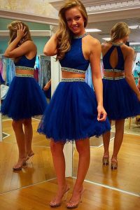 Halter Top Sleeveless Organza Mini Length Zipper Evening Dress in Royal Blue with Beading and Belt