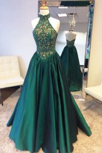 Simple Halter Top Sleeveless Sweep Train Zipper Beading and Lace Prom Gown