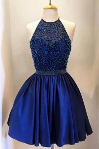 Delicate Knee Length Backless Prom Dress Royal Blue for Party with Beading