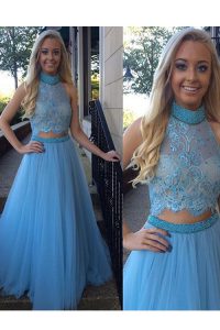 Noble Baby Blue Sleeveless Beading and Appliques Floor Length Dress for Prom