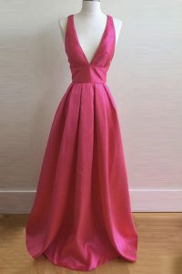 Hot Pink A-line Pleated Prom Gown Criss Cross Satin Sleeveless Floor Length