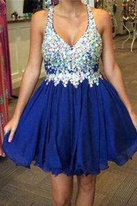 A-line Dress for Prom Royal Blue V-neck Chiffon Sleeveless Knee Length Backless