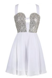 Beauteous Knee Length Criss Cross Prom Dress White for Prom and Party with Sequins