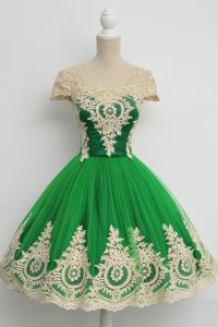 Custom Fit Green Square Neckline Lace Prom Evening Gown Cap Sleeves Zipper