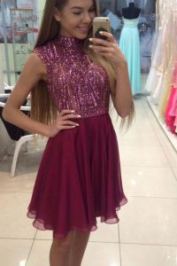 Fuchsia Chiffon Zipper Halter Top Sleeveless Knee Length Prom Dress Beading