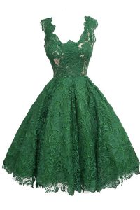 Sumptuous Scoop Lace Knee Length Zipper Prom Evening Gown Dark Green and In with Appliques