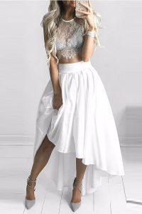 Ball Gowns Prom Party Dress White Scoop Chiffon Cap Sleeves High Low Lace Up