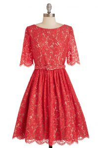 Scoop Short Sleeves Evening Party Dresses Knee Length Belt Red Lace