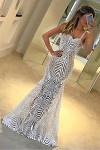 Mermaid White Spaghetti Straps Neckline Lace Prom Gown Sleeveless Zipper