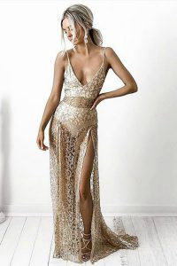 Lace With Train Champagne Evening Dress Spaghetti Straps Sleeveless Brush Train Backless