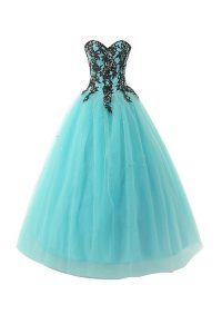 Fantastic Tulle Sweetheart Sleeveless Lace Up Appliques Prom Gown in Aqua Blue