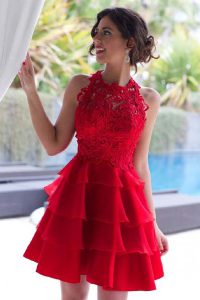 Classical Halter Top Red Tulle Zipper Evening Dress Sleeveless Knee Length Lace and Ruffled Layers