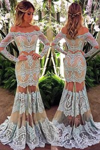 Mermaid White Zipper Off The Shoulder Lace Prom Party Dress Lace Long Sleeves