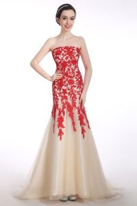 Mermaid Red and Champagne Strapless Neckline Appliques Homecoming Gowns Sleeveless Lace Up