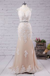 New Arrival Mermaid Scoop Champagne Sleeveless Sweep Train Beading and Appliques With Train Evening Dress