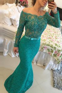 Mermaid Off the Shoulder Lace Turquoise Long Sleeves Floor Length Beading Side Zipper Prom Dress
