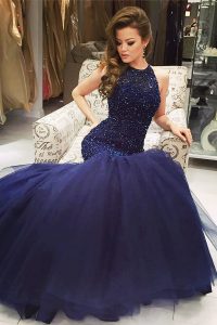 Custom Designed Mermaid Scoop Navy Blue Sleeveless Tulle Backless Dress for Prom for Prom
