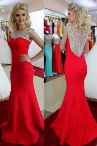 Scoop Floor Length Mermaid Sleeveless Red Prom Evening Gown Side Zipper