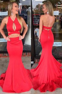 Designer Mermaid Red V-neck Backless Ruching Red Carpet Gowns Sweep Train Sleeveless