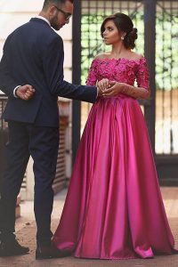 Off The Shoulder Long Sleeves Mother Of The Bride Dress Sweep Train Appliques Fuchsia Satin