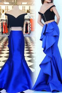 Simple Mermaid Off the Shoulder Ruffles Dress for Prom Royal Blue Zipper Short Sleeves With Train Sweep Train