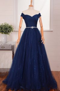 Top Selling Off the Shoulder Sleeveless Organza With Brush Train Zipper in Navy Blue with Belt