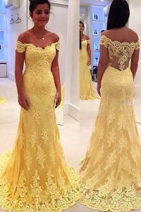 Off the Shoulder Lace Sleeveless With Train Prom Dress Brush Train and Lace