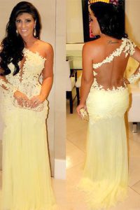 Custom Designed Light Yellow One Shoulder Neckline Lace Prom Evening Gown Long Sleeves Side Zipper