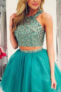 Great Scoop Knee Length Two Pieces Sleeveless Turquoise Prom Evening Gown Zipper