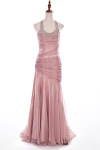 Stunning Pink Column/Sheath Halter Top Sleeveless Organza and Taffeta With Brush Train Side Zipper Beading Prom Gown