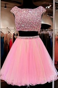 Latest Cap Sleeves Tulle Mini Length Zipper Prom Party Dress in Pink with Beading
