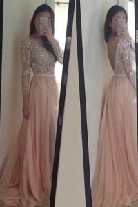 New Style Scoop With Train Peach Prom Dress Chiffon Brush Train 3 4 Length Sleeve Beading and Ruching