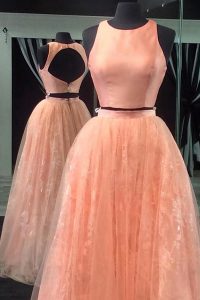 Discount Scoop Floor Length Peach Prom Party Dress Tulle Sleeveless Beading and Lace