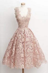 Lace Scoop Sleeveless Zipper Lace Prom Evening Gown in Peach