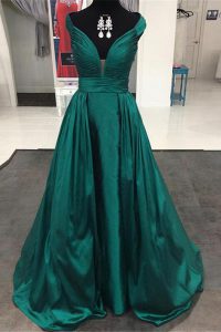 Fancy Off the Shoulder Sleeveless Sweep Train Zipper Pleated Prom Dresses