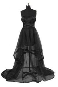 Sleeveless Tulle High Low Zipper Homecoming Dress in Black with Sashes ribbons