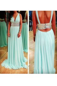 Aqua Blue Sleeveless Floor Length Beading Backless Prom Dress