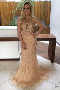 Fantastic Mermaid Scoop Sleeveless Lace With Train Sweep Train Backless Prom Dresses in Champagne with Beading