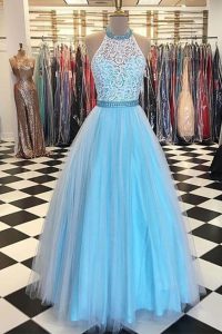 Shining Floor Length Blue Prom Gown Halter Top Sleeveless Zipper