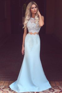 Mermaid Scoop Sleeveless Satin Sweep Train Zipper Celebrity Inspired Dress in Light Blue with Lace